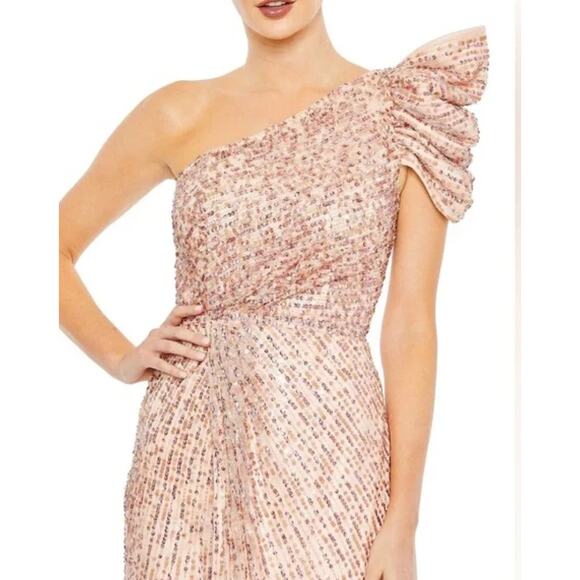 Mac Duggal Embellished Sequin Puff One Shoulder Gown 5622 Apricot Pink 2 - Picture 3 of 8